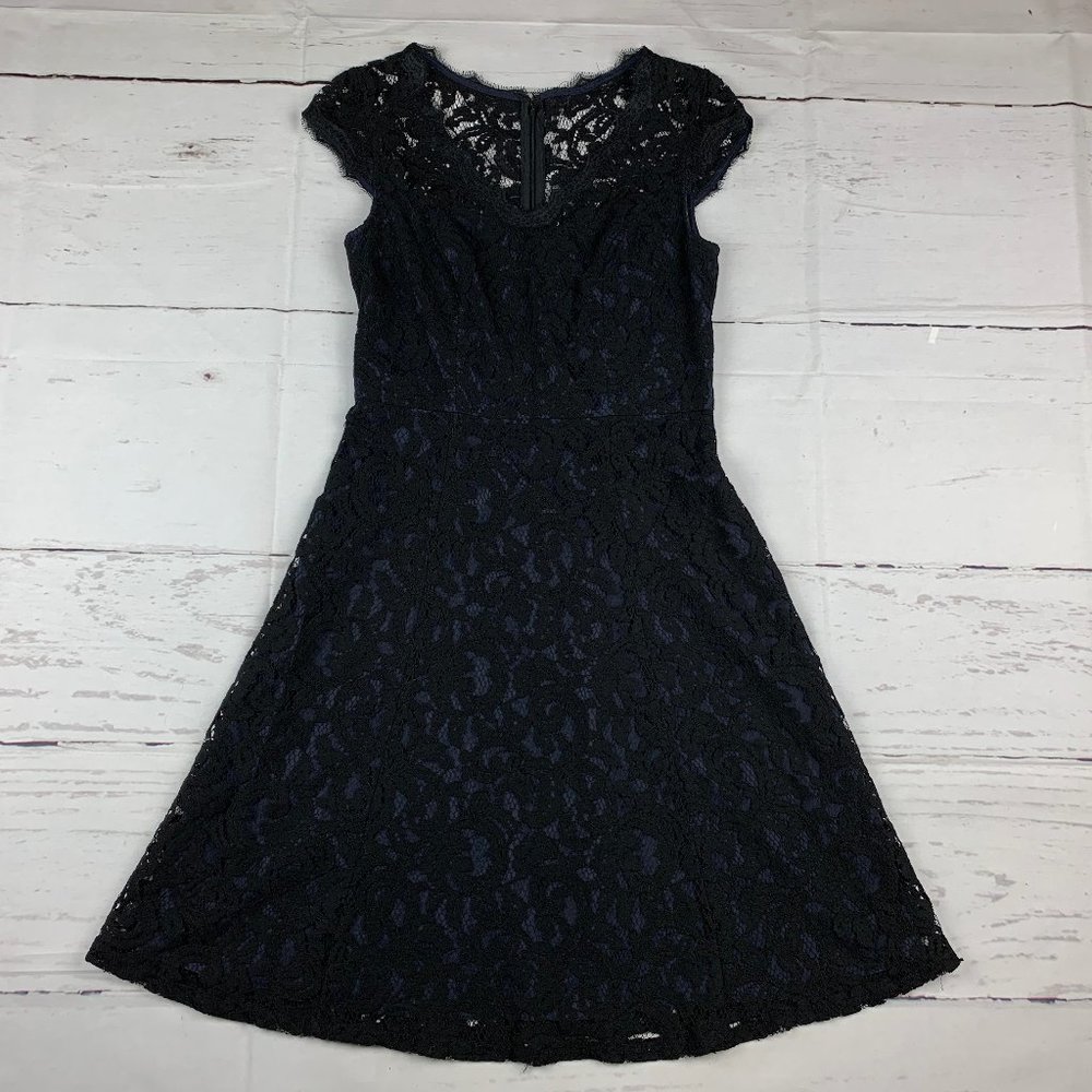 Adrianna Papell womens 4 black blue lace v-neck fit & flare A-line dress